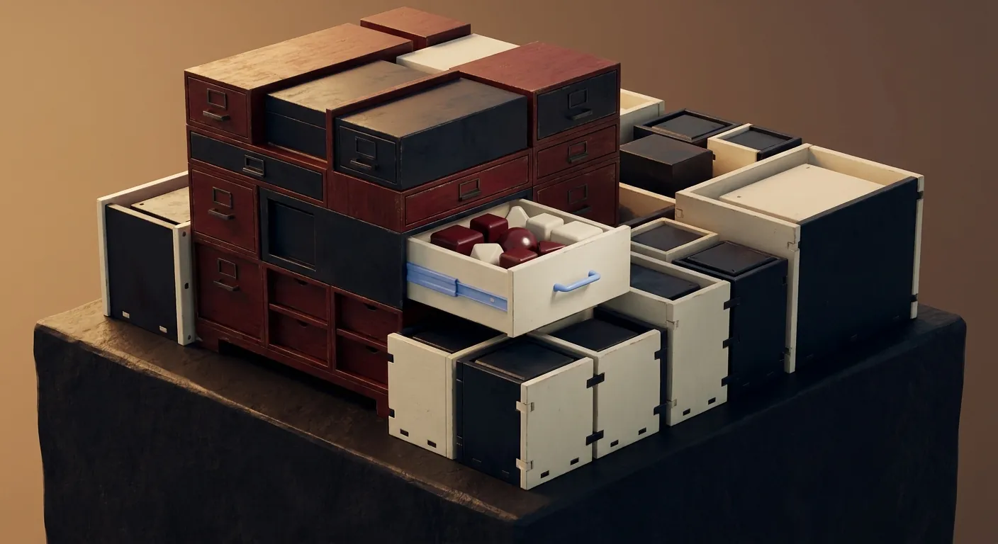 An abstract 3D composition of interlocking translucent blocks representing memory fragments flowing toward a locked, owned container.