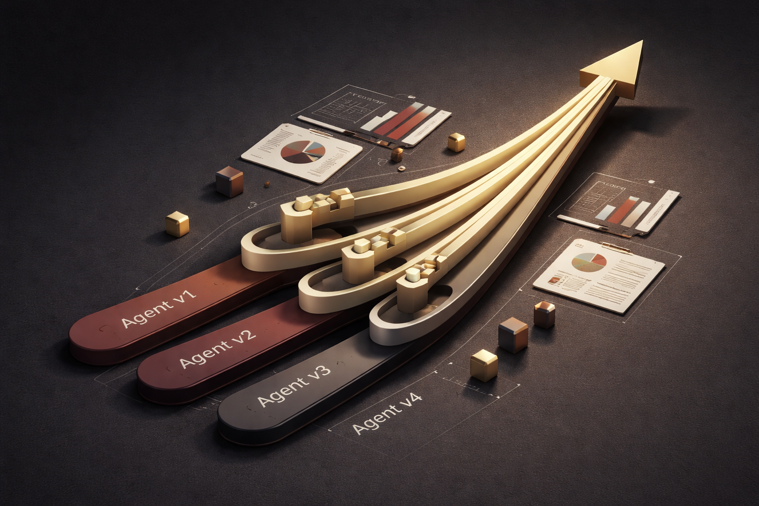 Agent versions v1 through v4 converging into an upward trajectory, illustrating iterative improvement