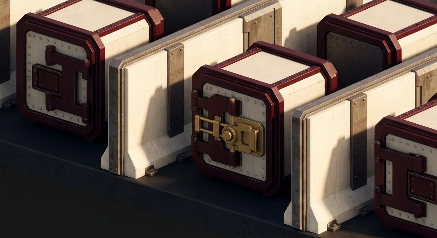 A row of reinforced vault doors, representing hardware-enforced isolation boundaries around agent execution